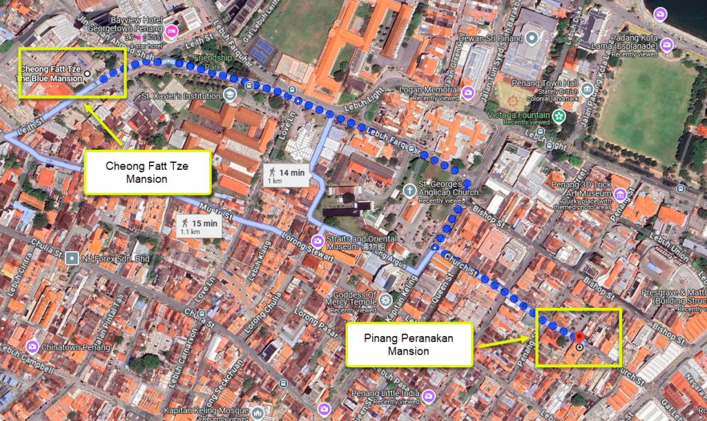 Walking Route Between Cheong Fatt Tze Mansion and Pinang Peranakan Mansion