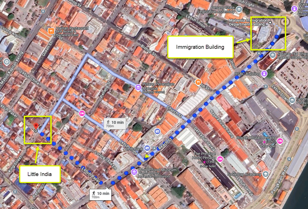 Walking Route from Immigration Building to Little India