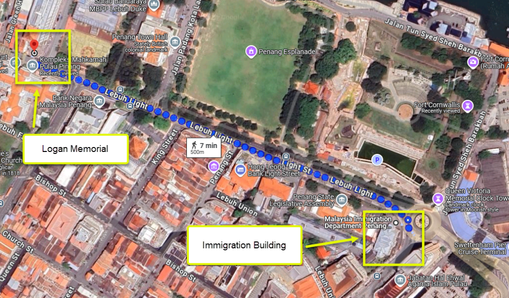 Walking Route from Immigration Building to Logan Memorial