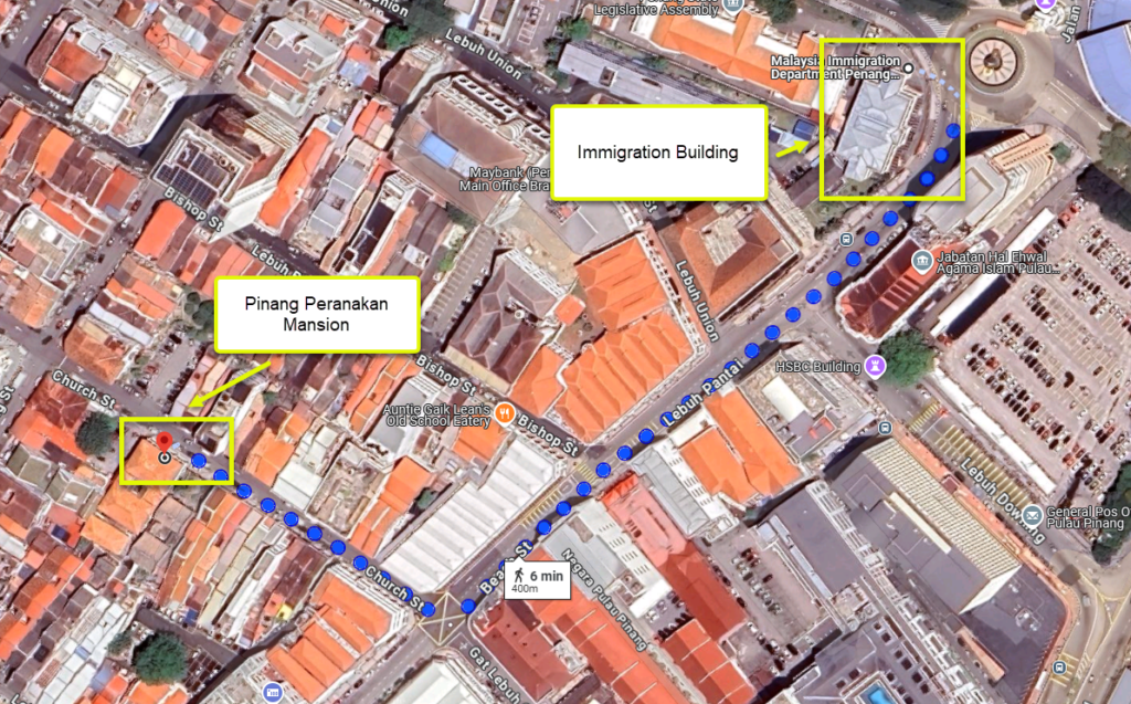 Walking Route from Immigration Building to Pinang Peranakan Mansion