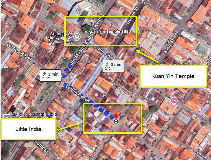 Walking Route from Kuan Yin Temple to Little India