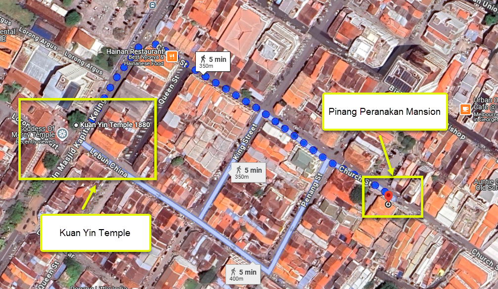 Walking Route from Kuan Yin Temple to Pinang Peranakan Mansion