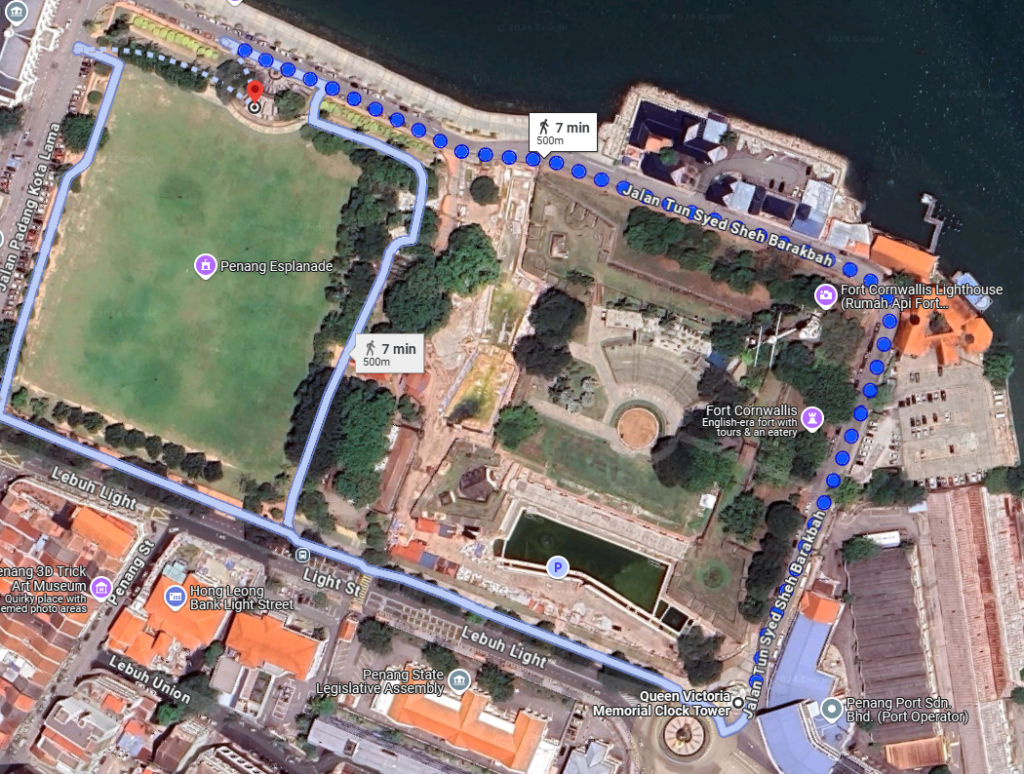 Walking Route from Queen Victoria Memorial Clock Tower to Fort Cornwallis and Penang Esplanade